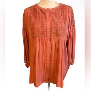 Entro Crochet Detail Rayon Blouse in Cinnamon Rust